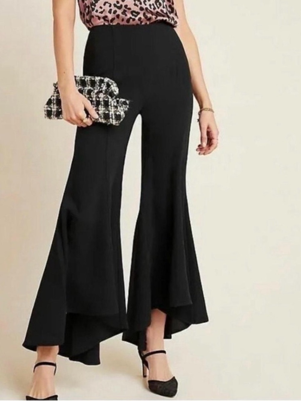 Anthropologie Zinnia High Rise Tulip Hem Black Wide-Leg Flare Pants 4 New
